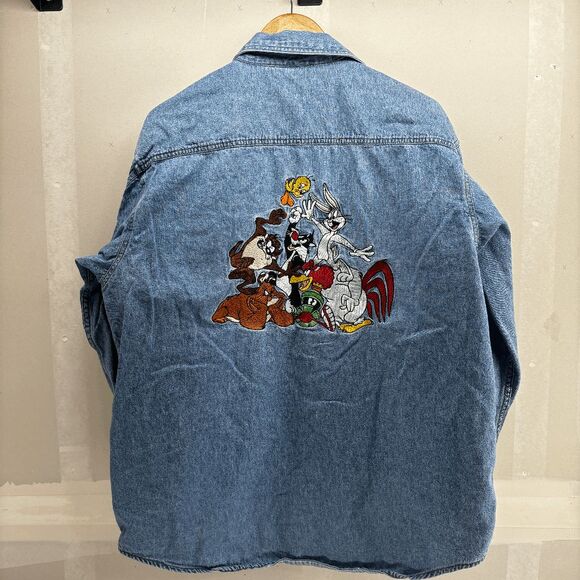 Vintage 90s Y2k Denim Work Shirt Warner Bros Studio Mens L Button Embroidery - Picture 3 of 6